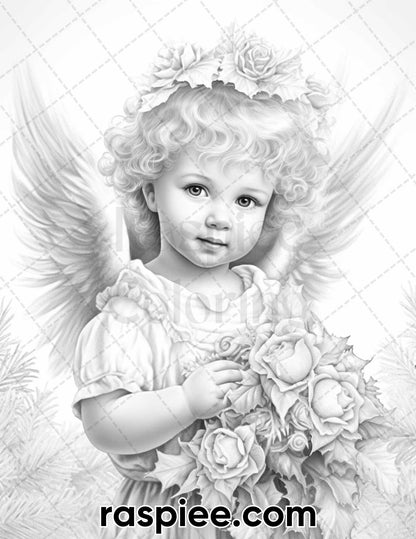 55 Christmas Angel Grayscale Coloring Pages for Adults, Printable PDF Instant Download