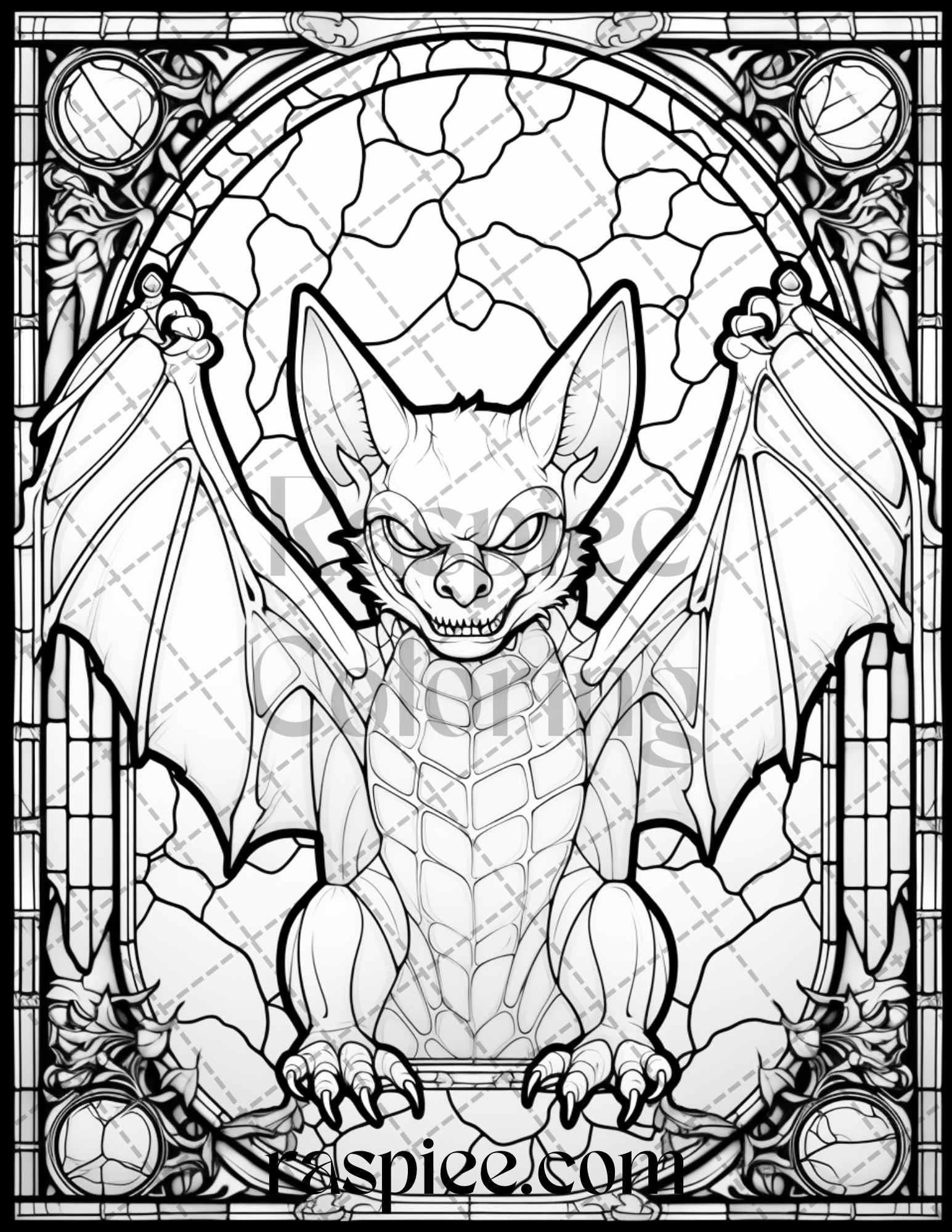 70 Halloween Stained Glass Grayscale Coloring Pages Printable for Adults, PDF File Instant Download
