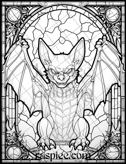 70 Halloween Stained Glass Grayscale Coloring Pages Printable for Adults, PDF File Instant Download