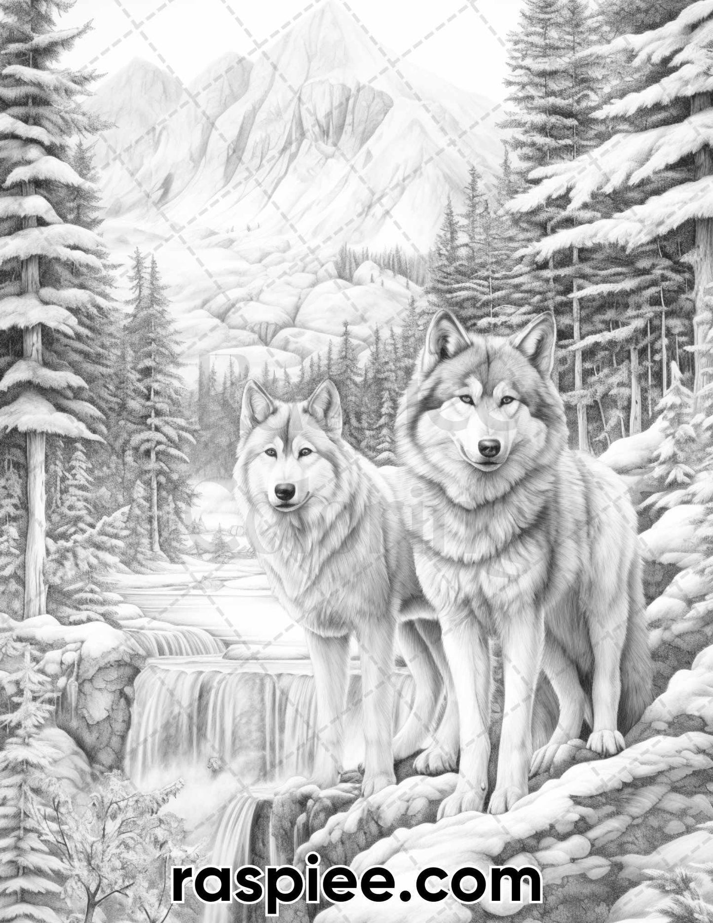 50 Winter Wolf Grayscale Coloring Pages for Adults, Printable PDF Instant Download
