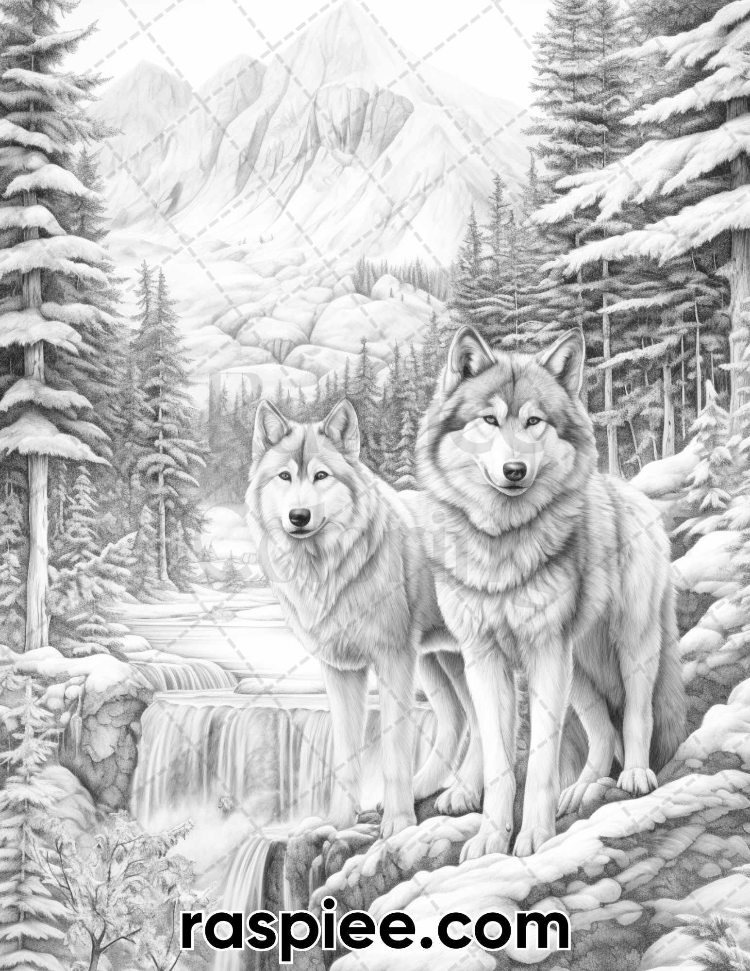 50 Winter Wolf Grayscale Coloring Pages for Adults, Printable PDF Instant Download