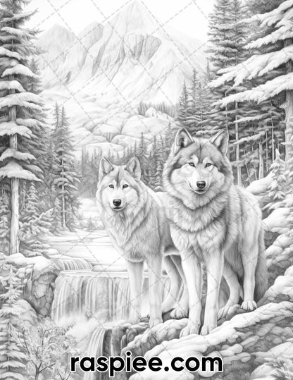 50 Winter Wolf Grayscale Coloring Pages for Adults, Printable PDF Instant Download