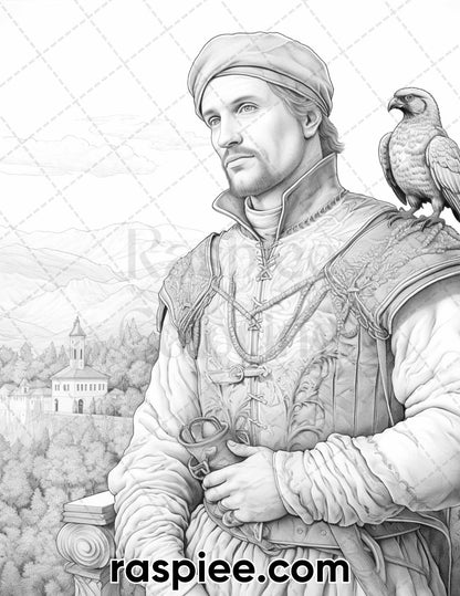 55 Renaissance Portraits Grayscale Adult Coloring Pages, Printable PDF Instant Download