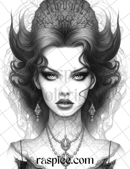 Bewitching Vampires Grayscale Coloring Pages Printable for Adults, PDF File Instant Download