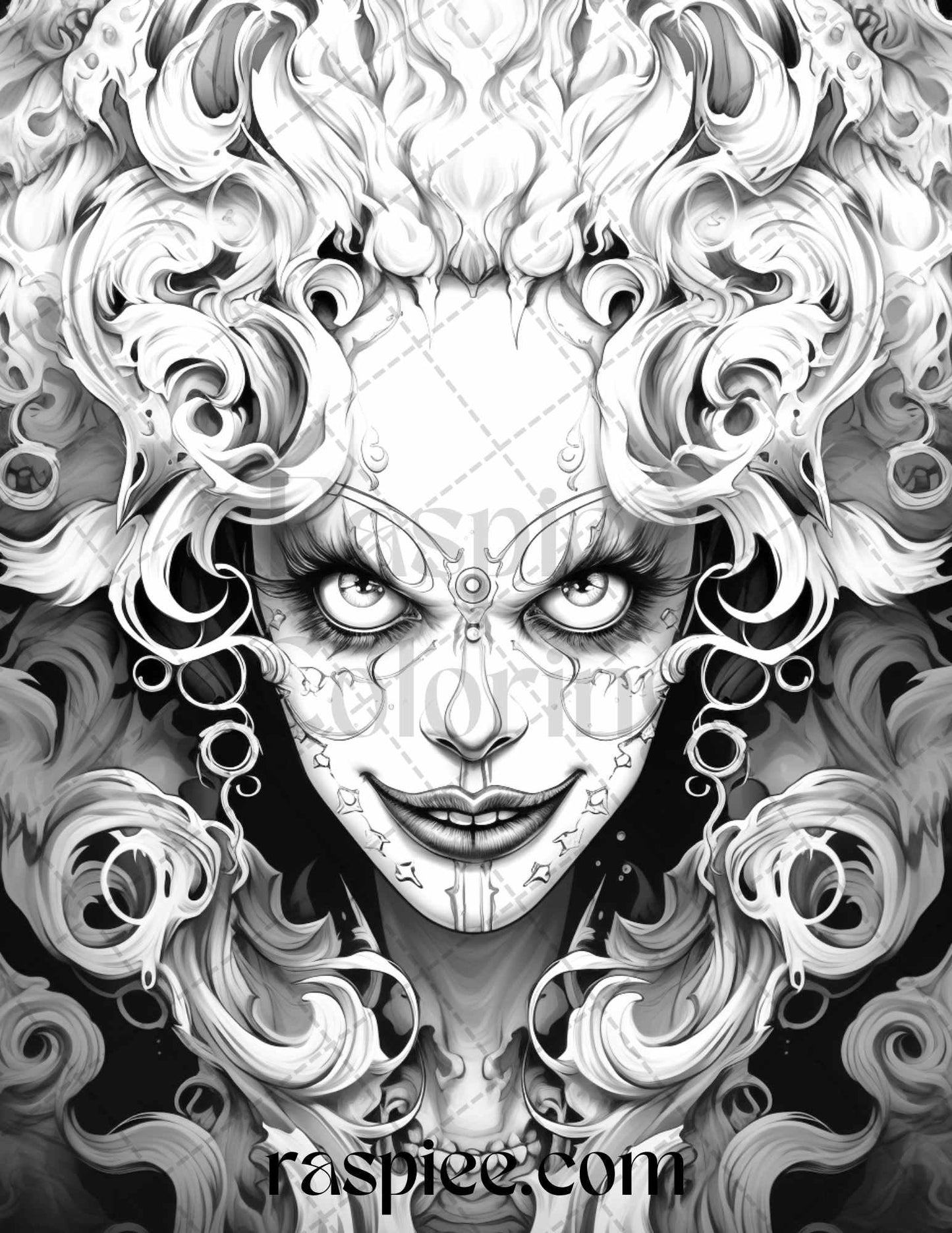 50 Scary Clown Girls Grayscale Coloring Pages Printable for Adults, PDF File Instant Download