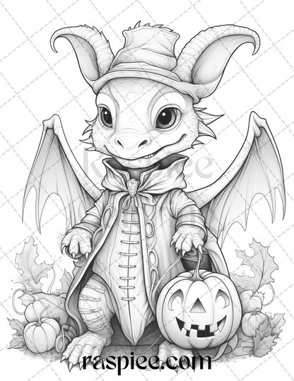 50 Cute Pumpkin Dragons Graycale Coloring Pages for Adults and Kids, Printable PDF File Instant Download
