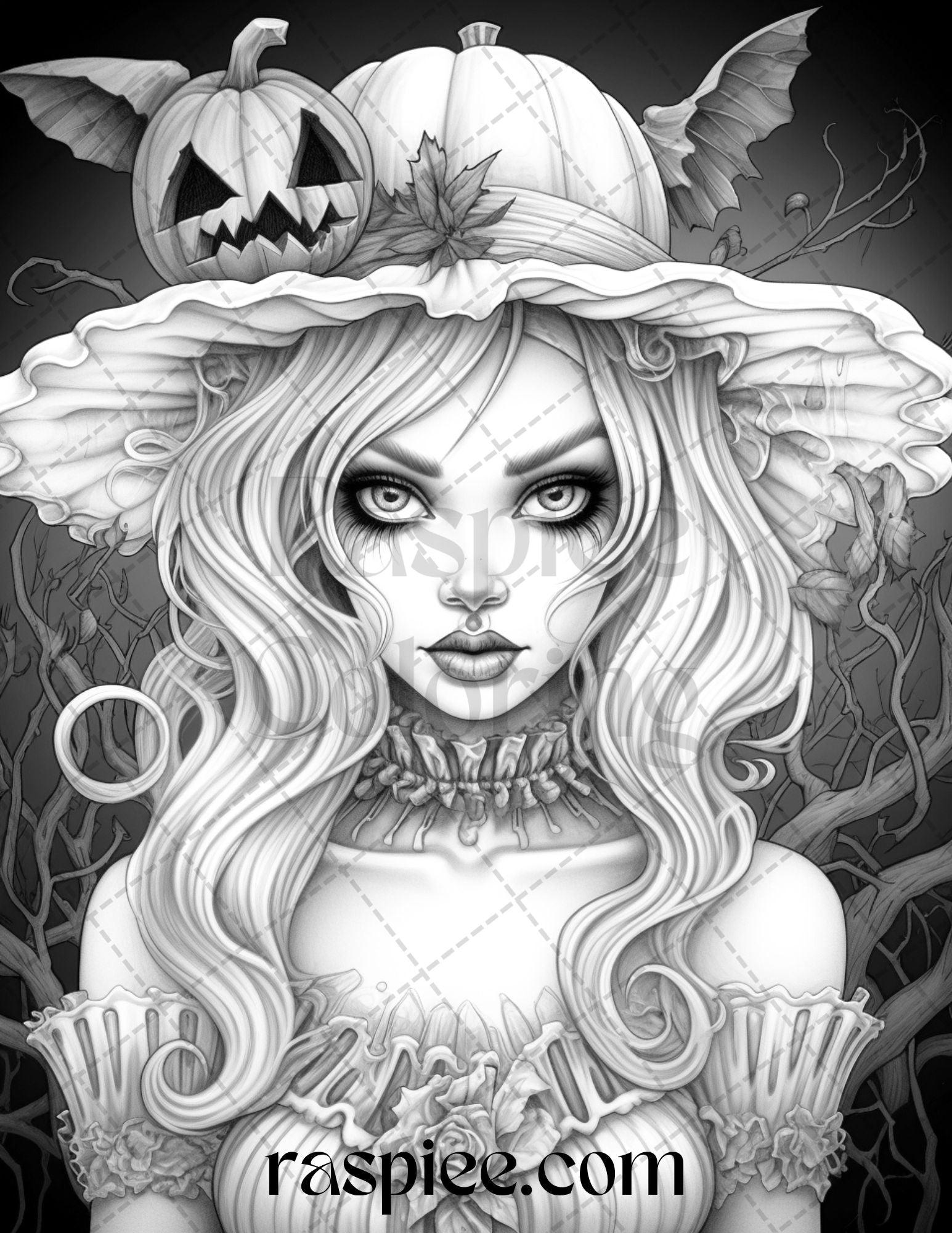 55 Halloween Girls Grayscale Coloring Pages Printable for Adults, PDF File Instant Download