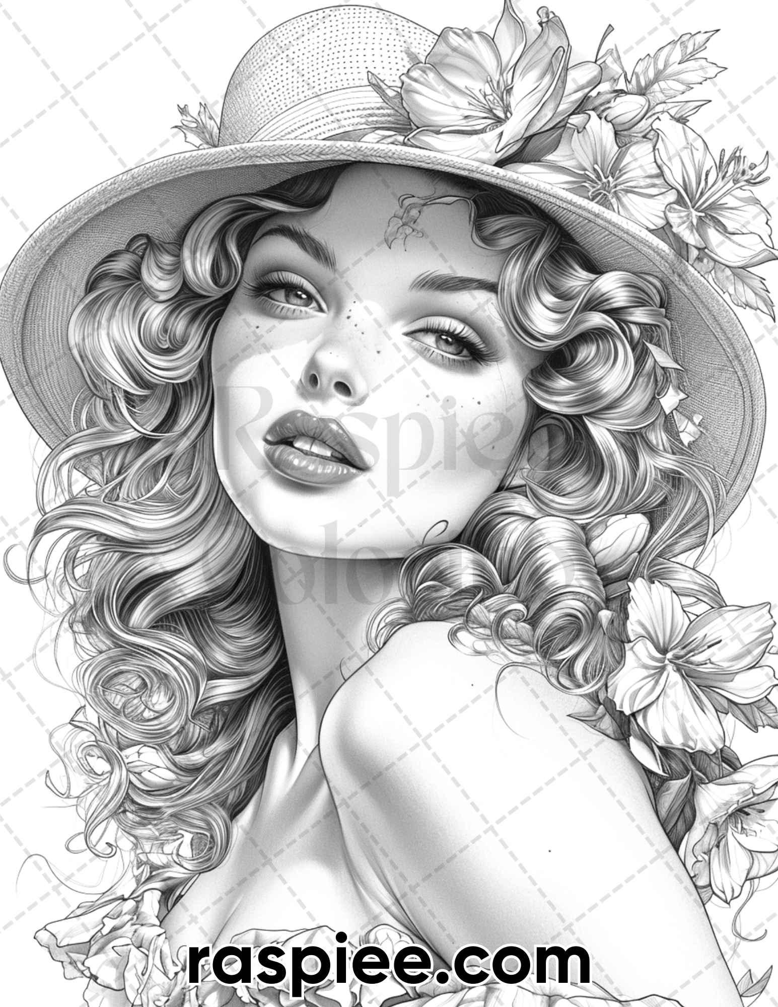 50 Vintage Spring Pin Up Girls Grayscale Adult Coloring Pages, Printable PDF Instant Download