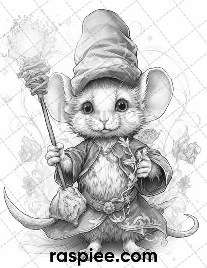 50 Enchanting Fairytale Mice Grayscale Coloring Pages Printable for Adults, PDF File Instant Download