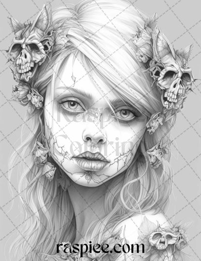 60 Halloween Zombie Fairy Grayscale Coloring Pages Printable for Adults, PDF File Instant Download