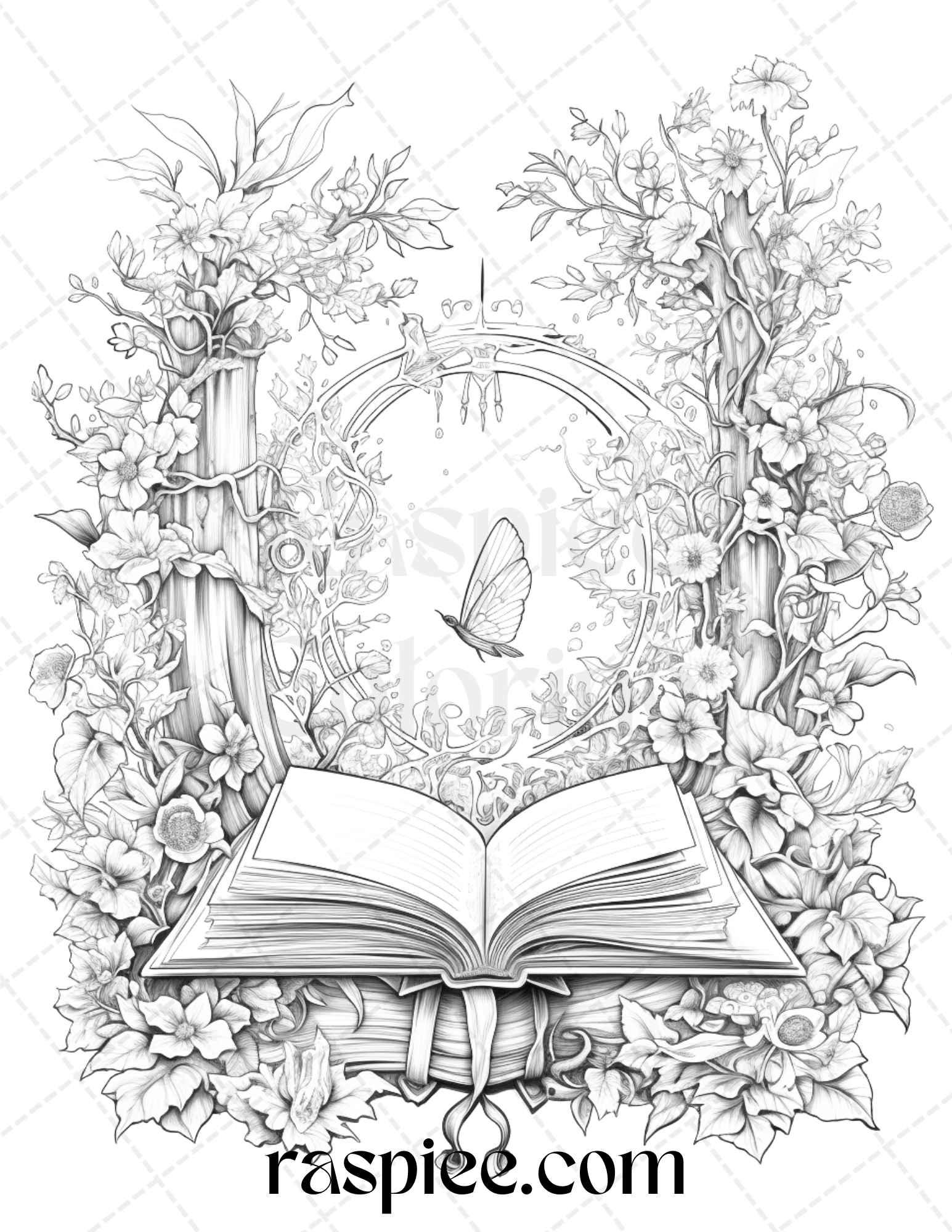 50 Magical Books Grayscale Coloring Pages Printable for Adults, PDF File Instant Download