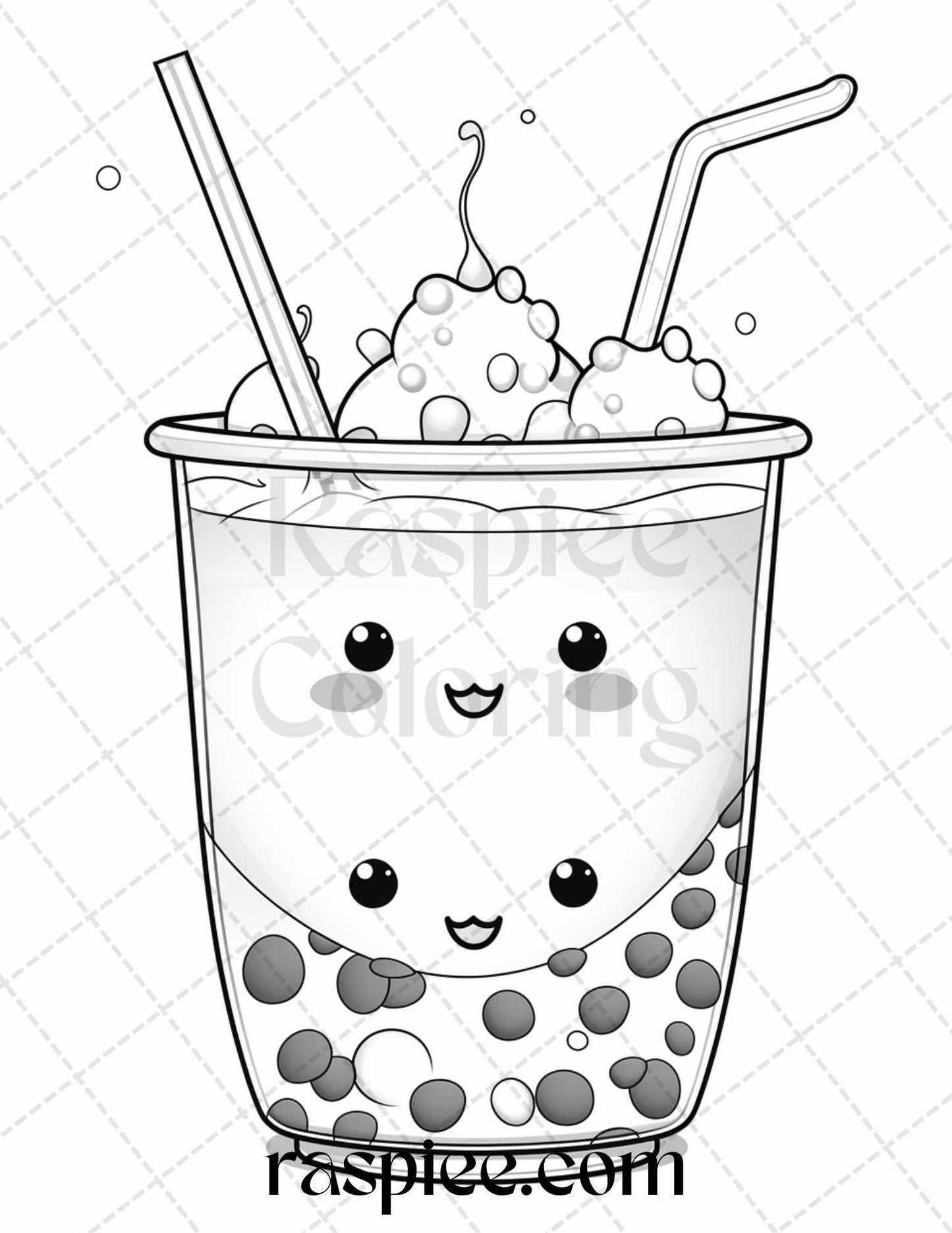 50 Cute Kawaii Boba Tea Grayscale Coloring Pages for Adults and Kids, Printable PDF File Instant Download