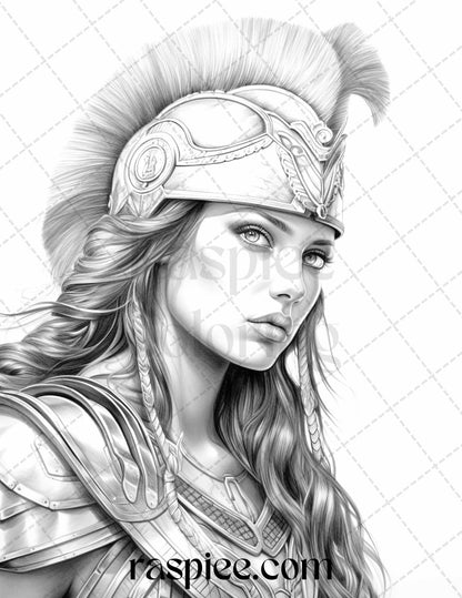 Greek Women Warriors Grayscale Coloring Pages for Adults, Printable PDF File Instant Download