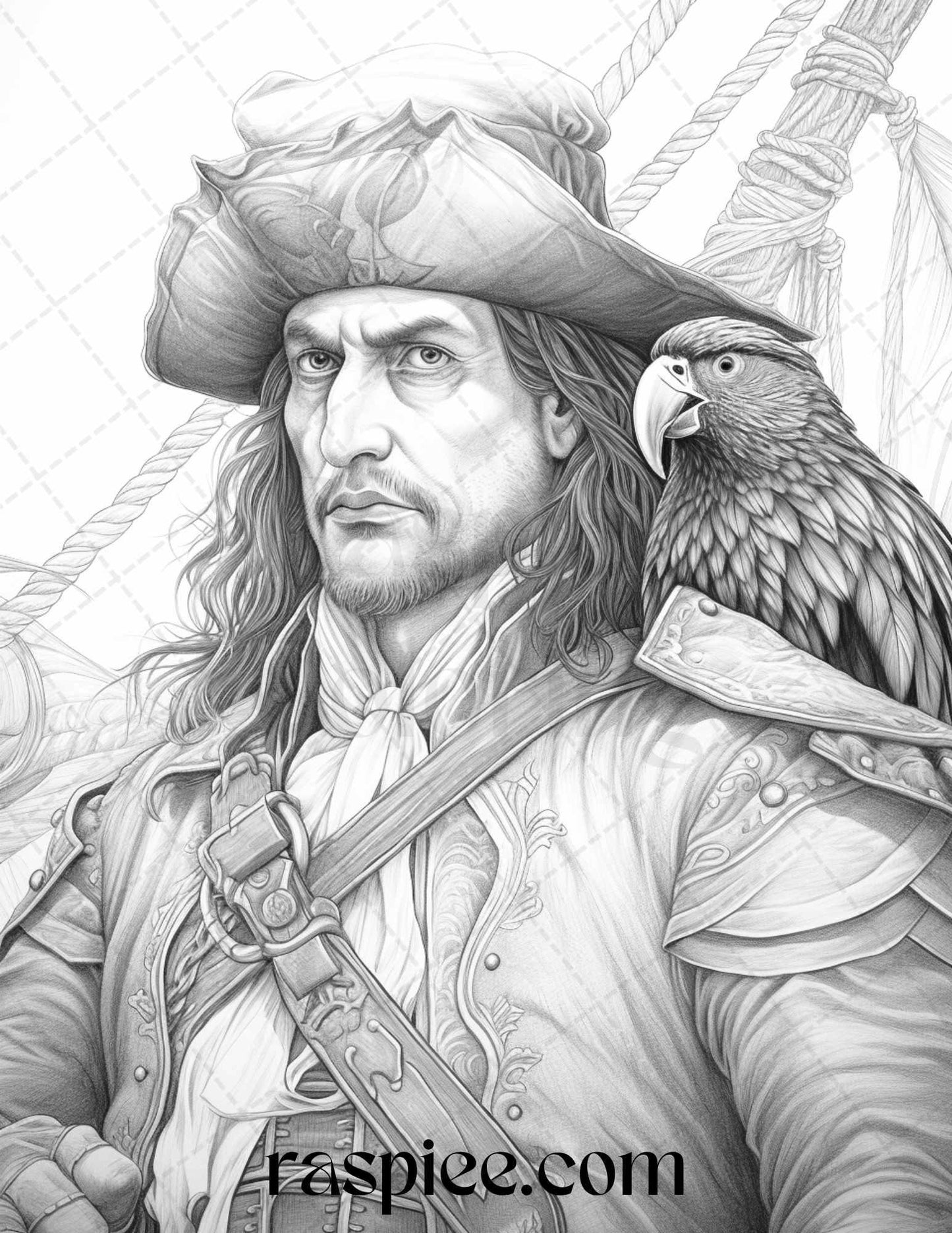 60 Pirate Life Grayscale Coloring Pages Printable for Adults, Stress Relief Coloring, PDF File Instant Download