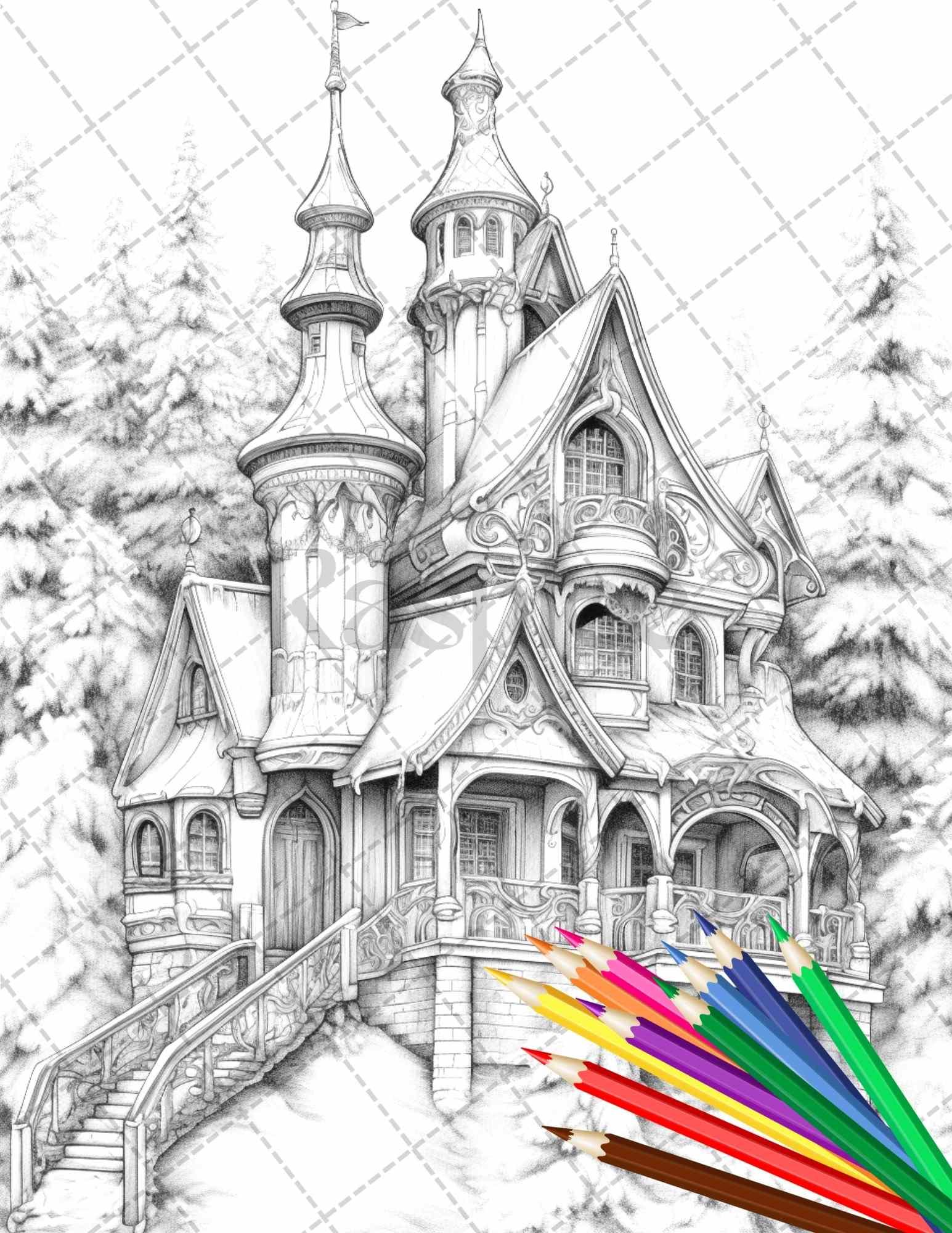 63 Winter Fairy Houses Grayscale Coloring Pages Printable for Adults, PDF File Instant Download