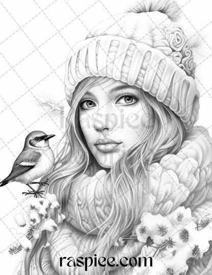 60 Beautiful Winter Girls Grayscale Coloring Pages Printable for Adults, PDF File Instant Download