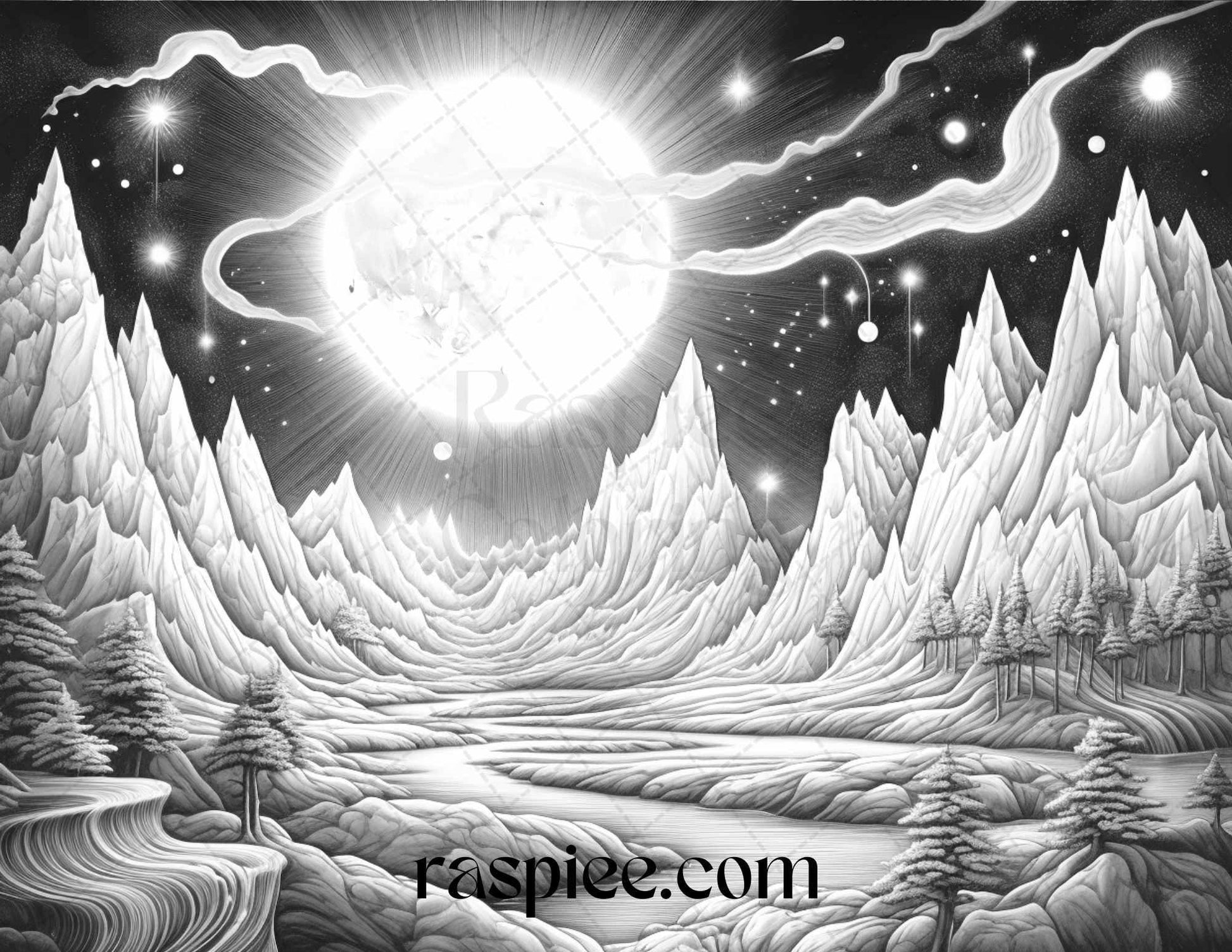 55 Celestial Landscapes Grayscale Coloring Pages Printable for Adults, PDF File Instant Download