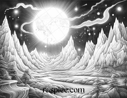 55 Celestial Landscapes Grayscale Coloring Pages Printable for Adults, PDF File Instant Download