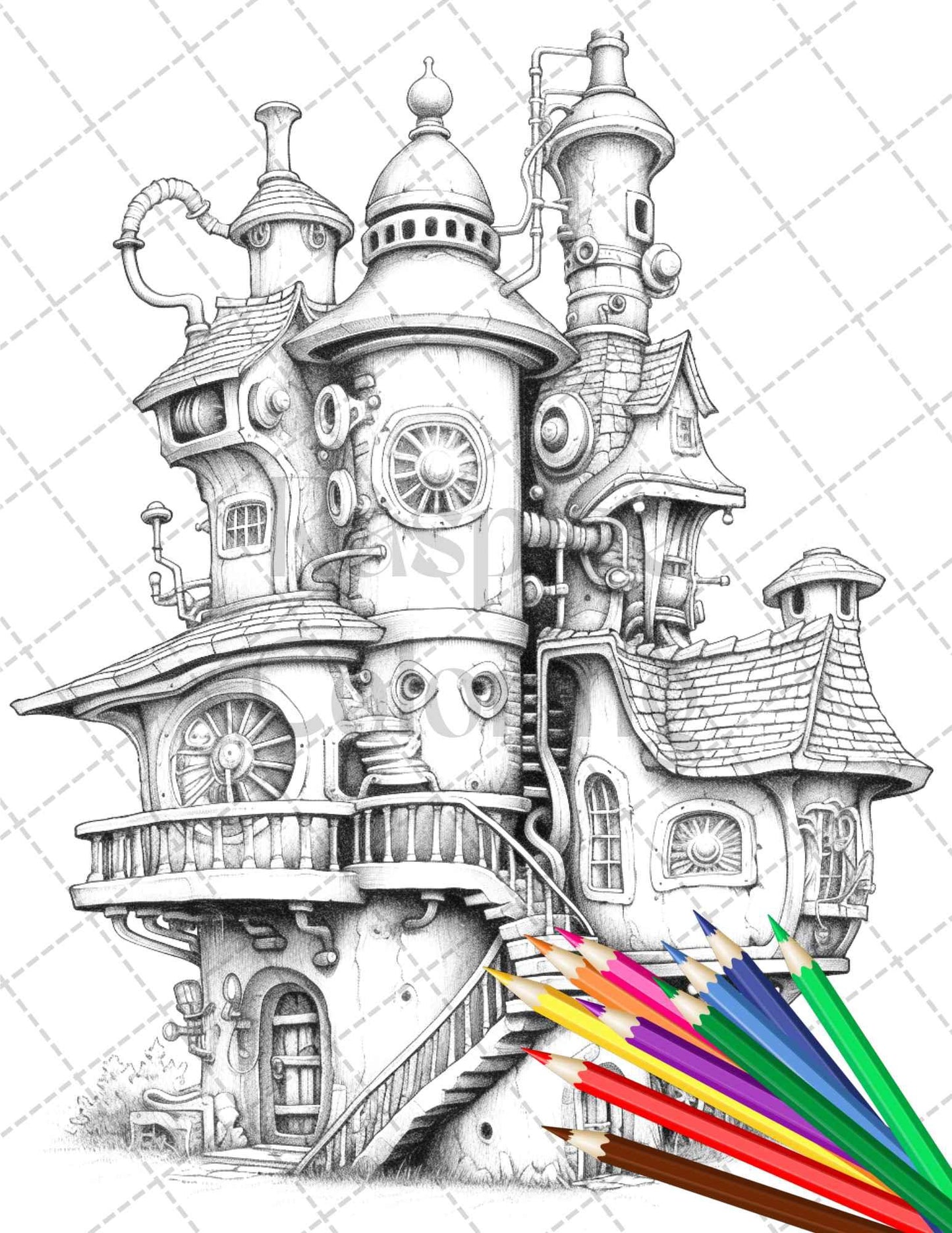 50 Steampunk Houses Grayscale Coloring Pages Printable for Adults, PDF File Instant Download