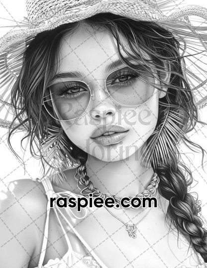 70 Beautiful Tropical Girls Grayscale Adult Coloring Pages Printable PDF Instant Download