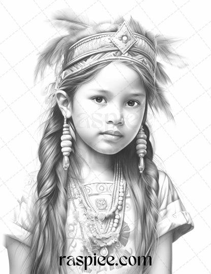 50 Native American Little Girls Boys Grayscale Coloring Pages Printable for Adults Kids, PDF File Instant Download