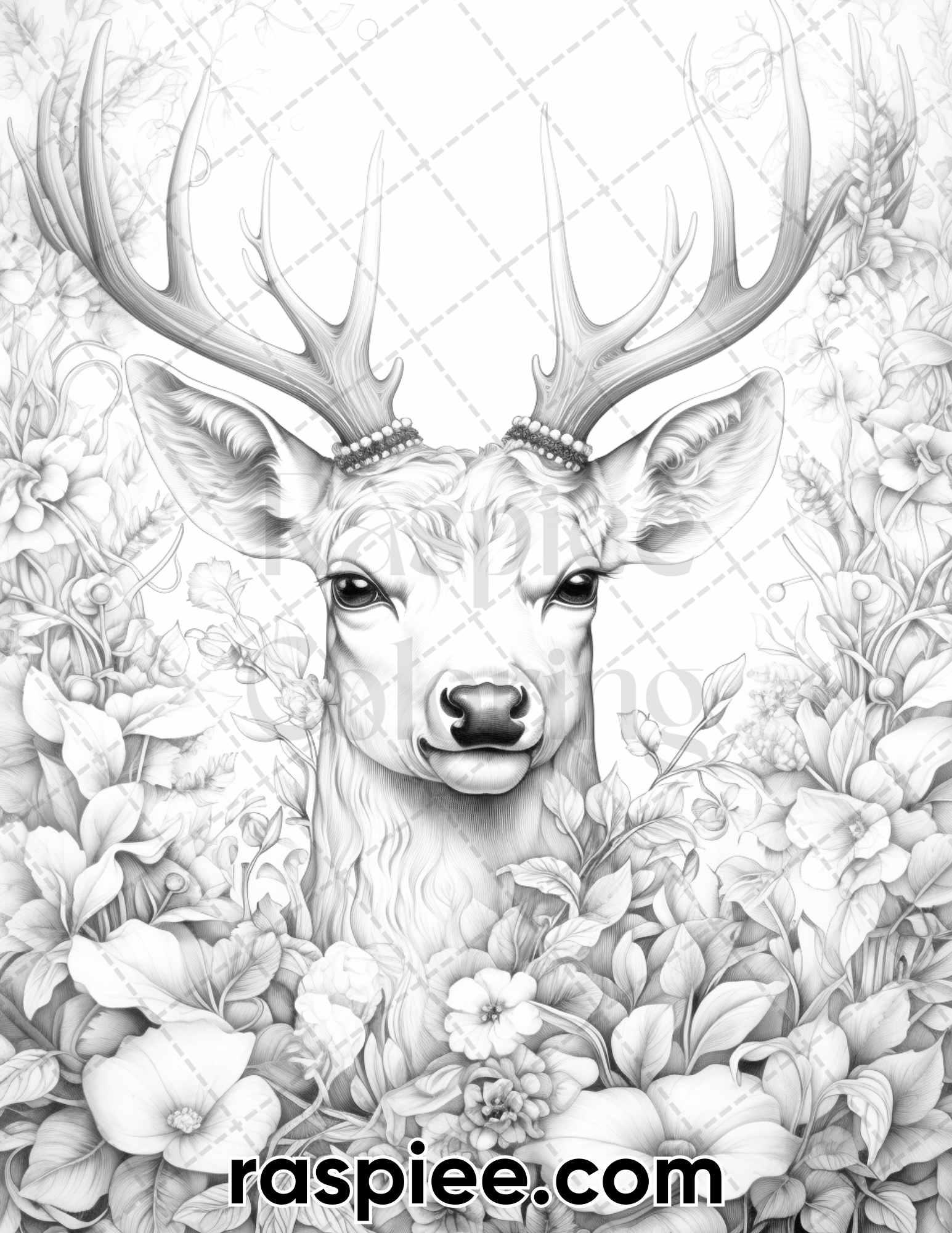 50 Christmas Deer Grayscale Coloring Pages for Adults, Printable PDF Instant Download