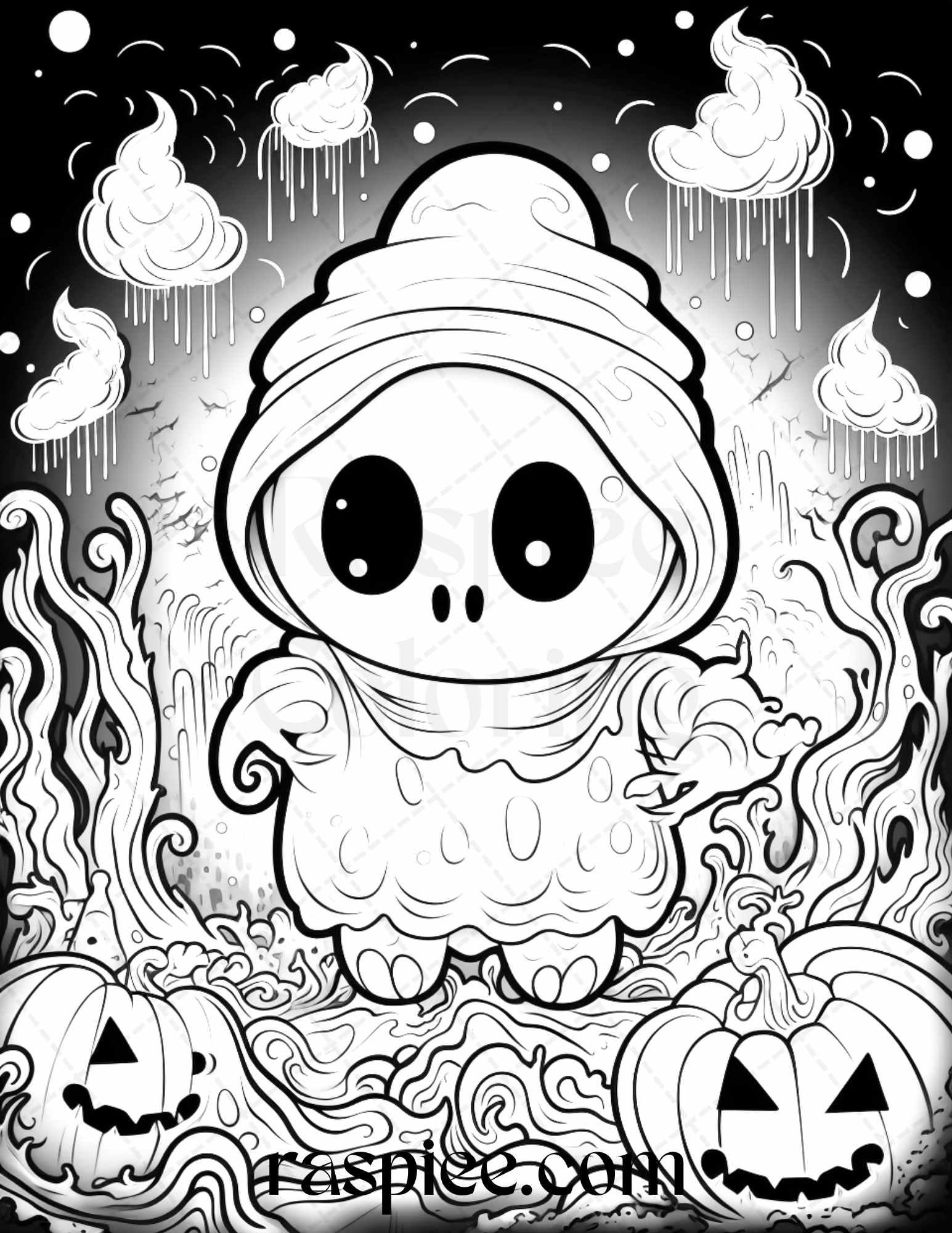50 Halloween Cute Ghosts Grayscale Coloring Printable for Adults Kids, PDF File Instant Download