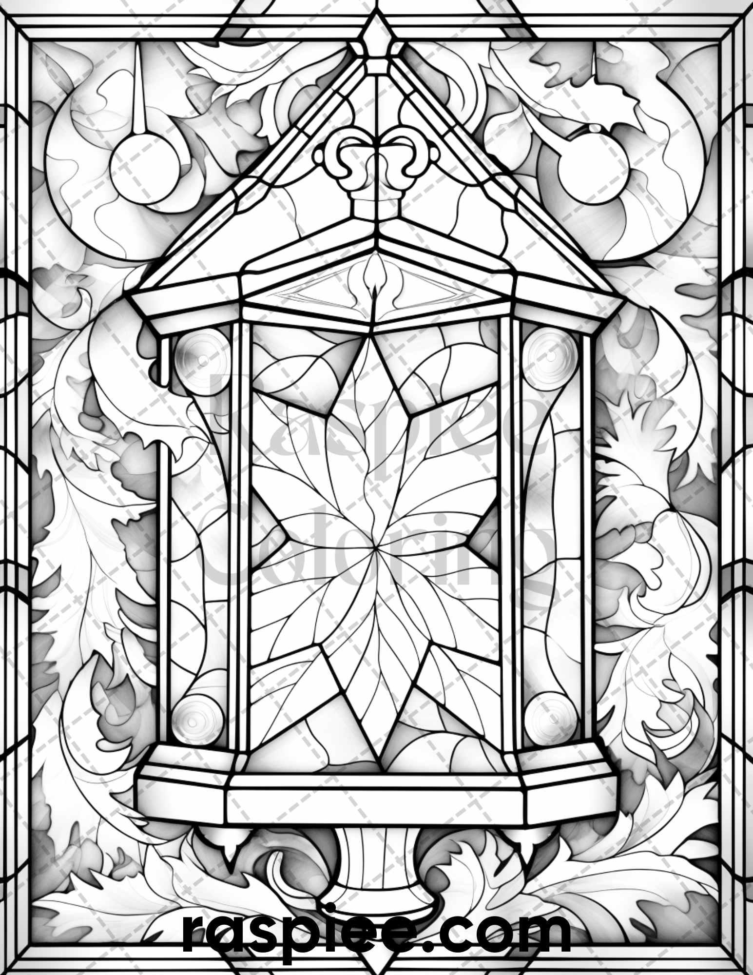 50 Christmas Stained Glass Grayscale Coloring Pages for Adults, Printable PDF File Instant Download
