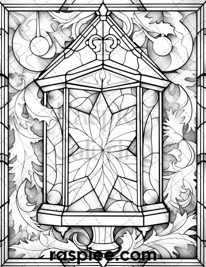 50 Christmas Stained Glass Grayscale Coloring Pages for Adults, Printable PDF File Instant Download