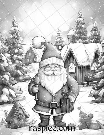 60 Christmas Gnomes Grayscale Coloring Pages Printable for Adults and Kids, PDF File Instant Download