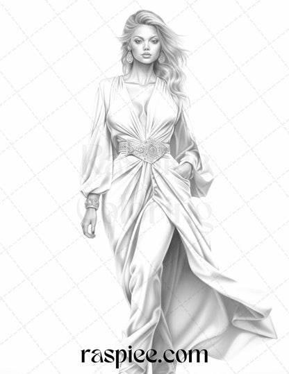 Fashion Show Grayscale Coloring Pages Printable for Adults, PDF File Instant Download