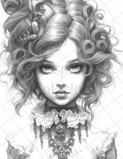 60 Adorable Gothic Girls Grayscale Coloring Pages Printable for Adults, PDF File Instant Download
