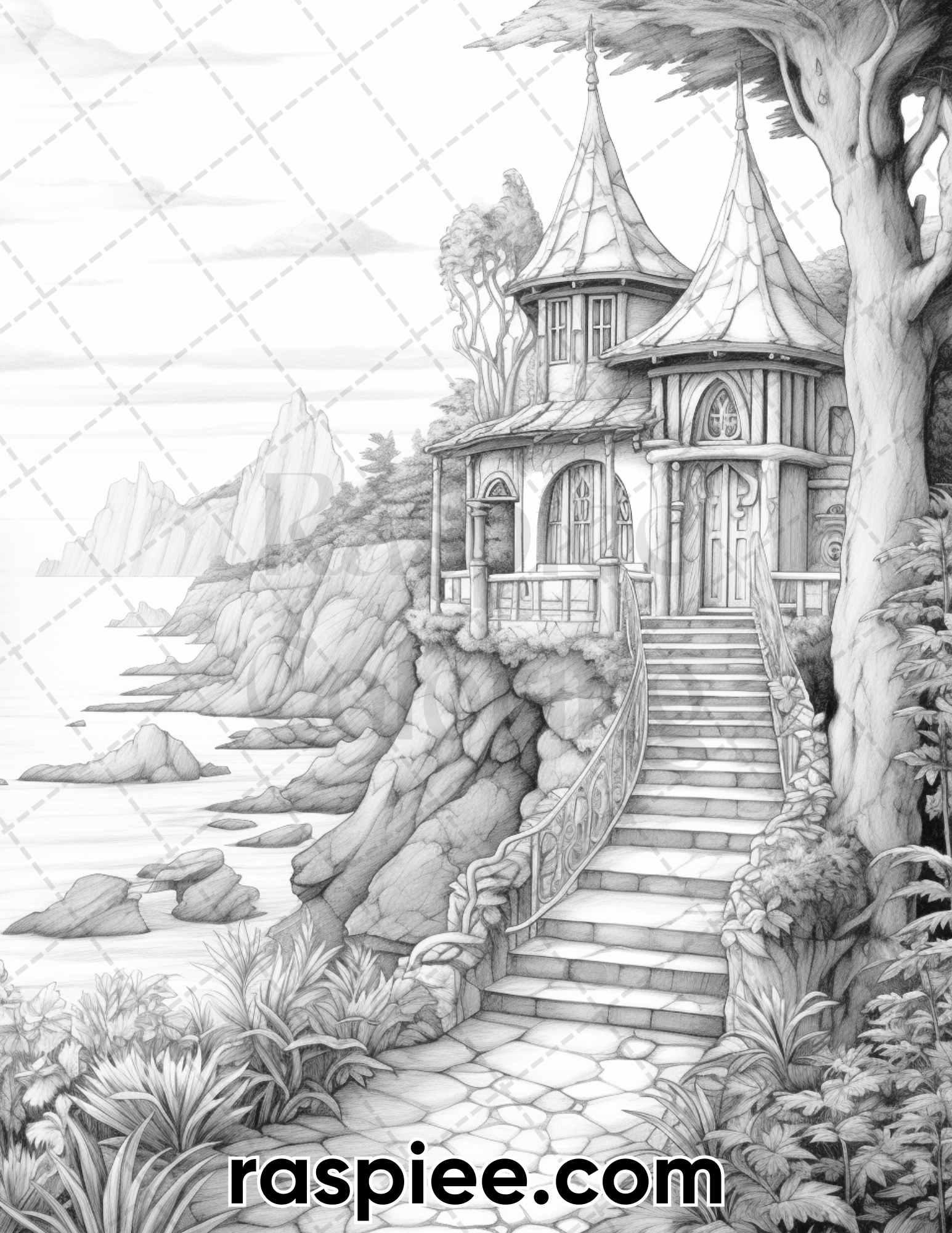 50 Fairy Beach Houses Grayscale Coloring Pages for Adults, Printable PDF Instant Download