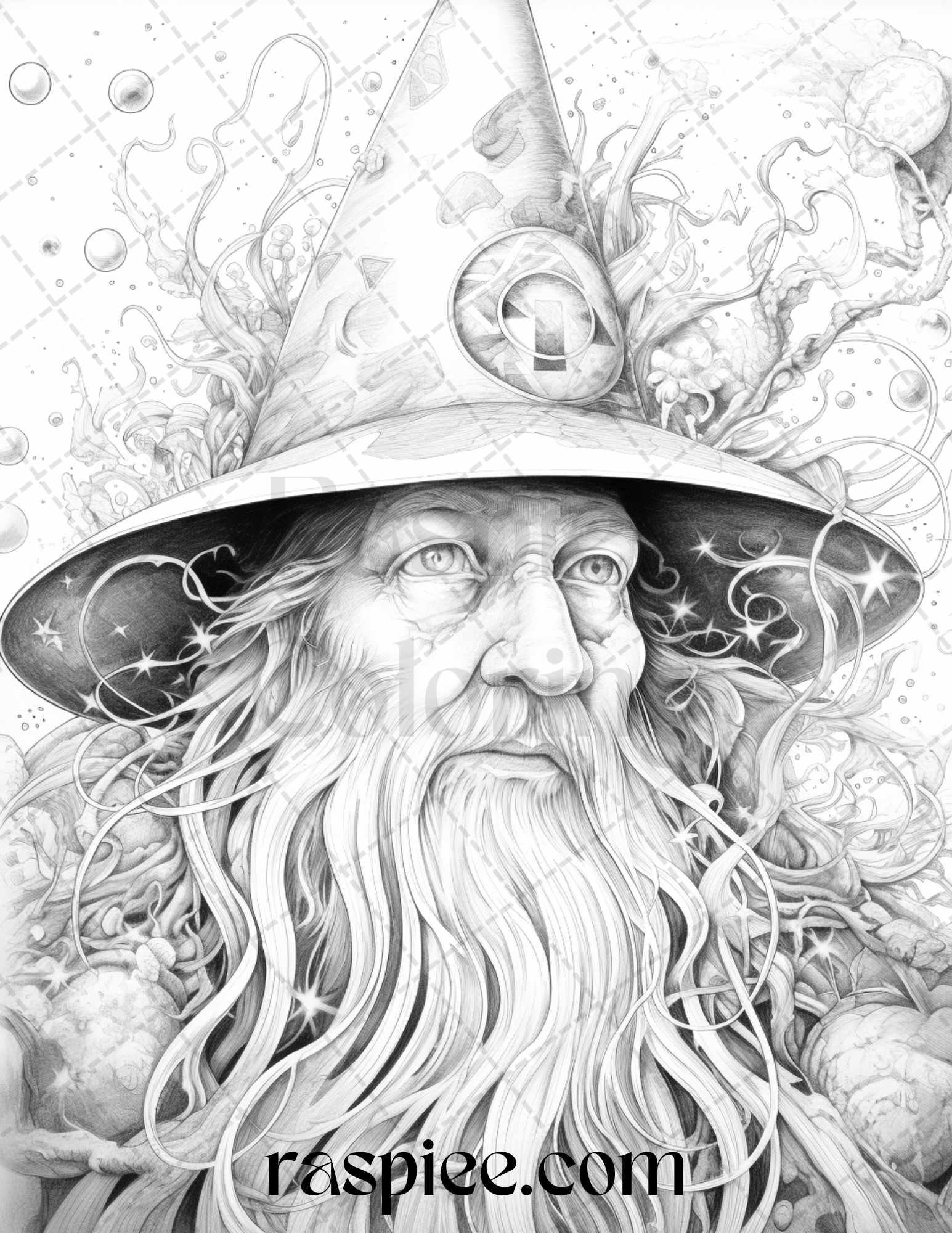 50 Magical Wizard Grayscale Coloring Pages for Adults, Printable PDF File Instant Download