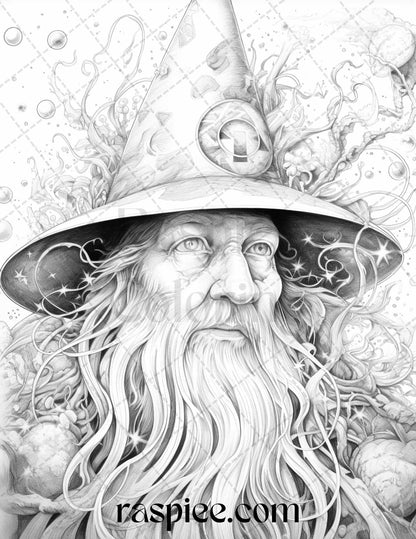 50 Magical Wizard Grayscale Coloring Pages for Adults, Printable PDF File Instant Download