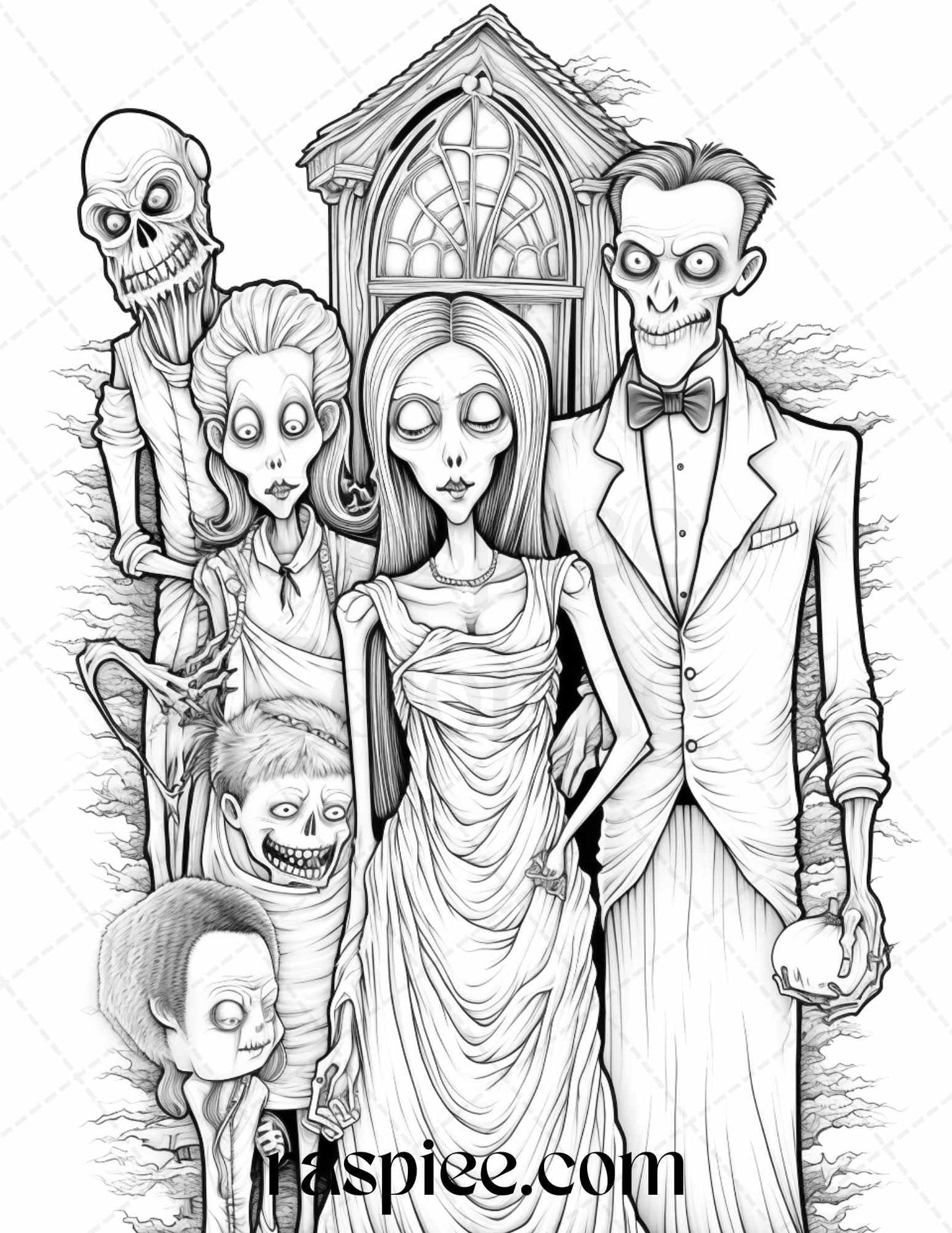 50 Monster Family Grayscale Coloring Pages Printable for Adults - Instant Download, Halloween Coloring Book, Fun and Spooky Designs