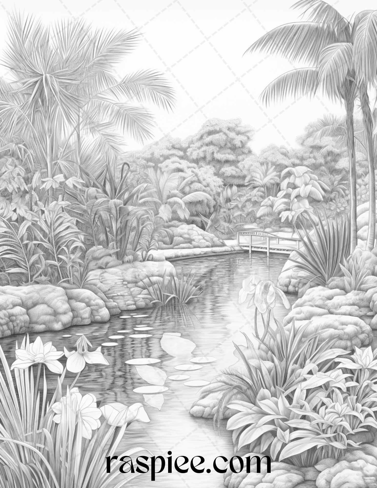 52 Tropical Oasis Grayscale Coloring Pages Printable for Adults, PDF File Instant Download