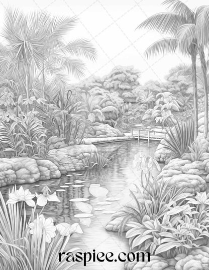 52 Tropical Oasis Grayscale Coloring Pages Printable for Adults, PDF File Instant Download