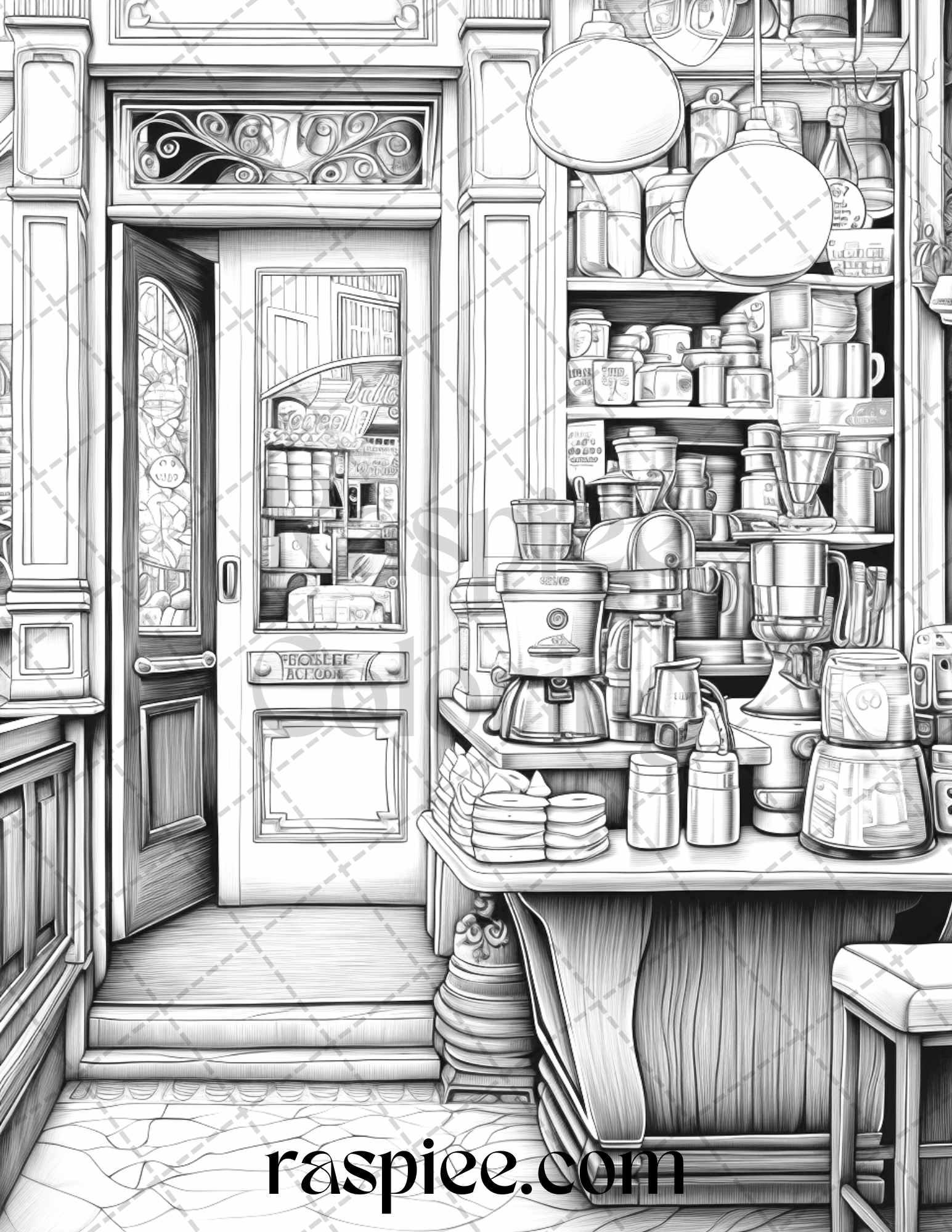 50 Cozy Coffee Shop Grayscale Coloring Pages Printable for Adults, PDF File Instant Download