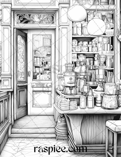 50 Cozy Coffee Shop Grayscale Coloring Pages Printable for Adults, PDF File Instant Download