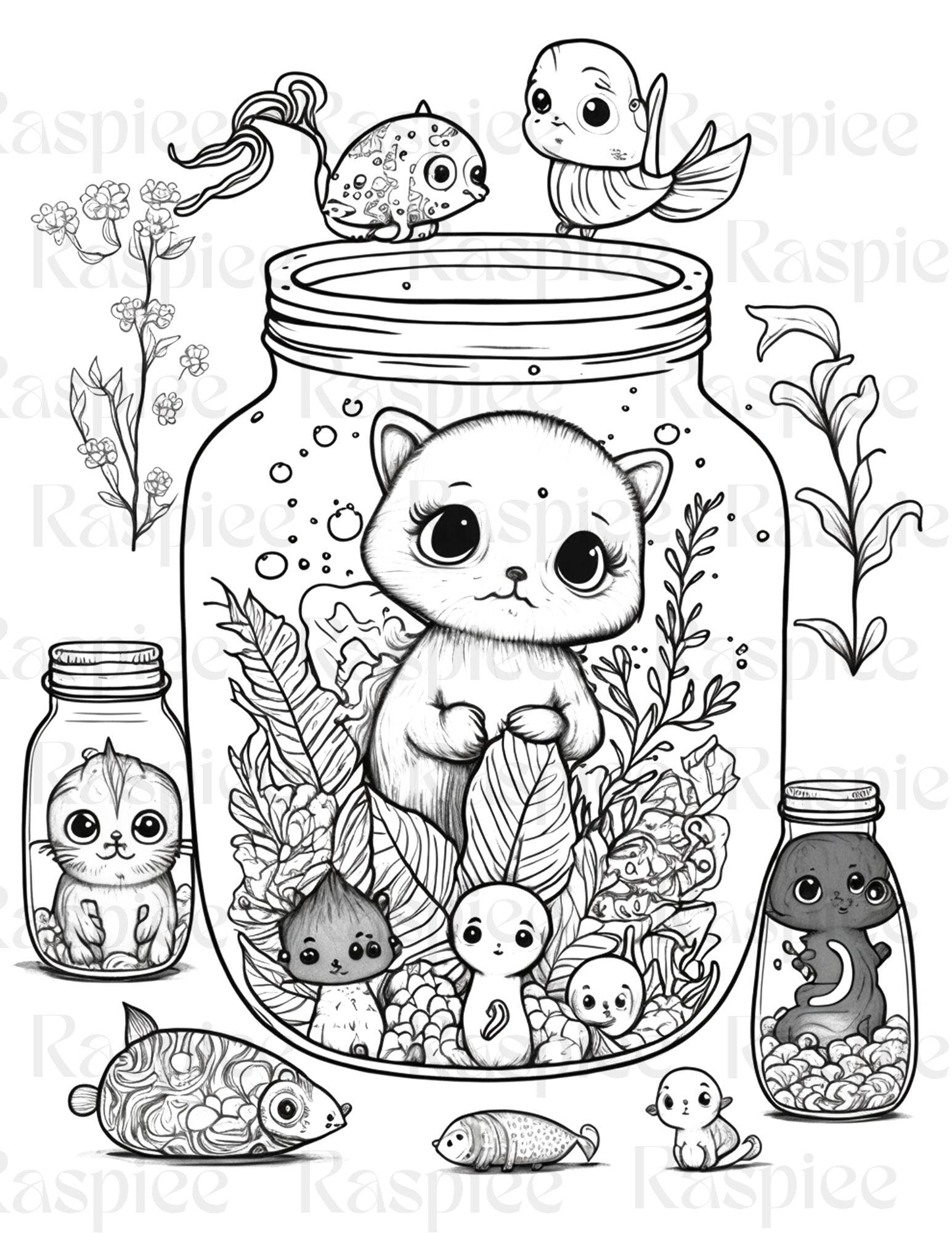 100 Animal in Jar Coloring Pages, Printable Coloring Pages for Kids and Adults, Printable PDF File Instant Download