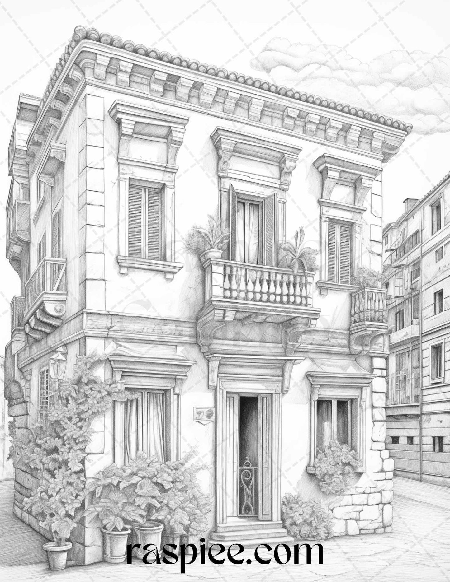 Roman Architecture Grayscale Coloring Pages Printable for Adults, PDF File Instant Download