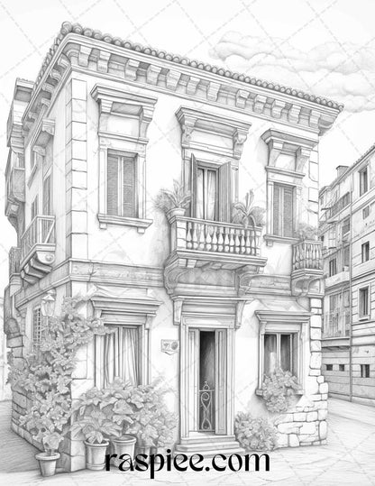 Roman Architecture Grayscale Coloring Pages Printable for Adults, PDF File Instant Download