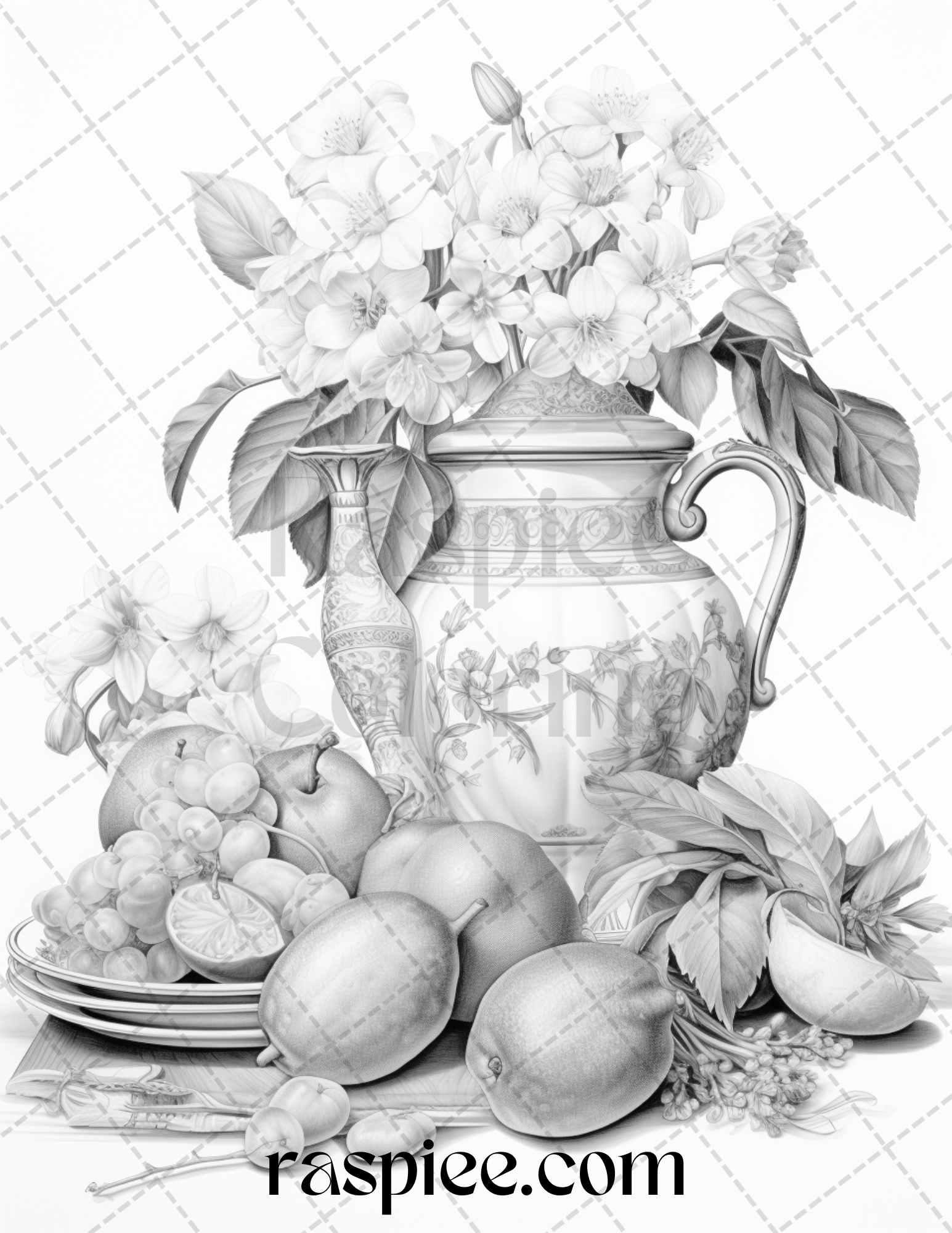 52 Still Life Grayscale Coloring Pages Printable for Adults, PDF File Instant Download