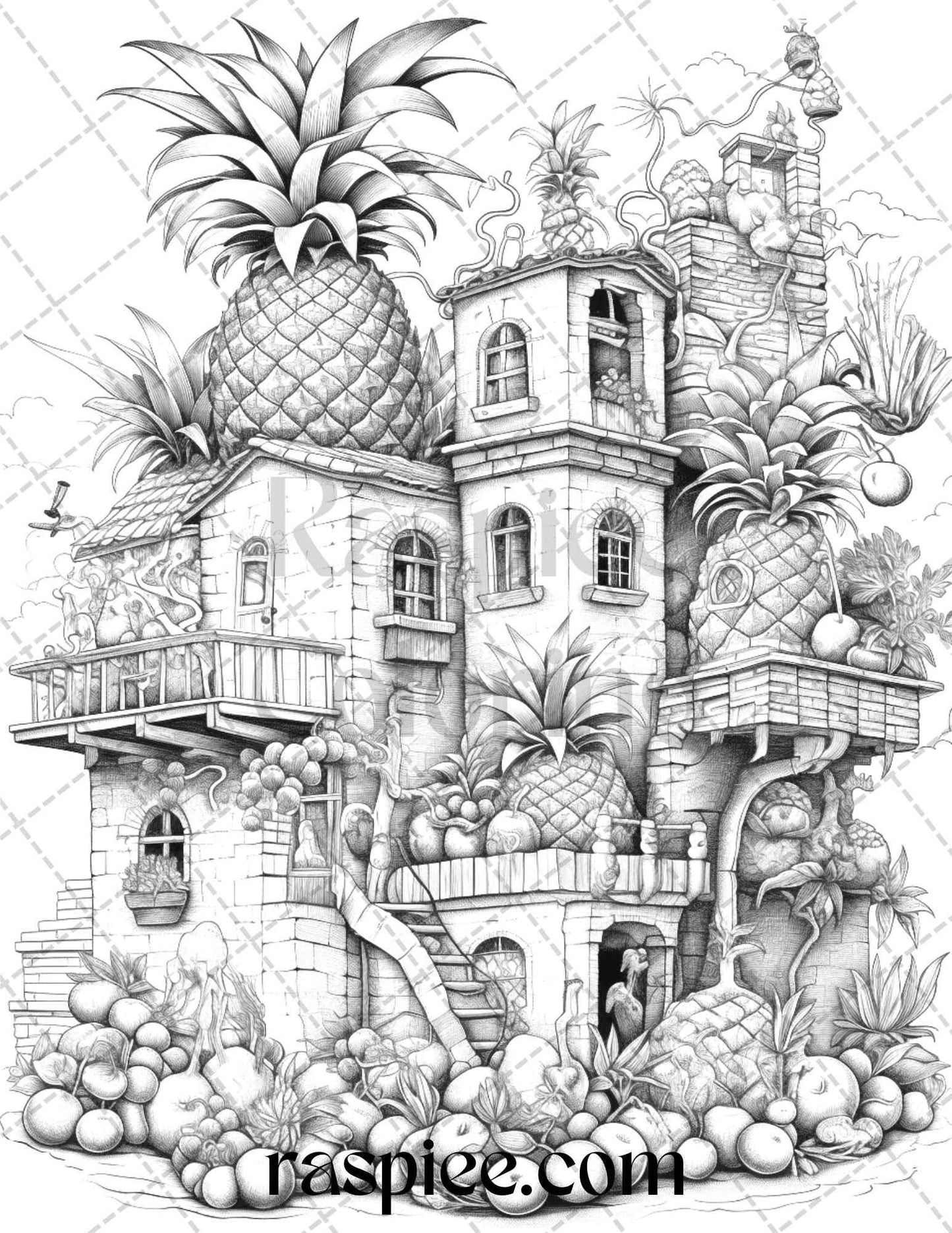 50 Pineapple Houses Grayscale Coloring Pages Printable for Adults, PDF File Instant Download