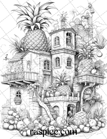 50 Pineapple Houses Grayscale Coloring Pages Printable for Adults, PDF File Instant Download