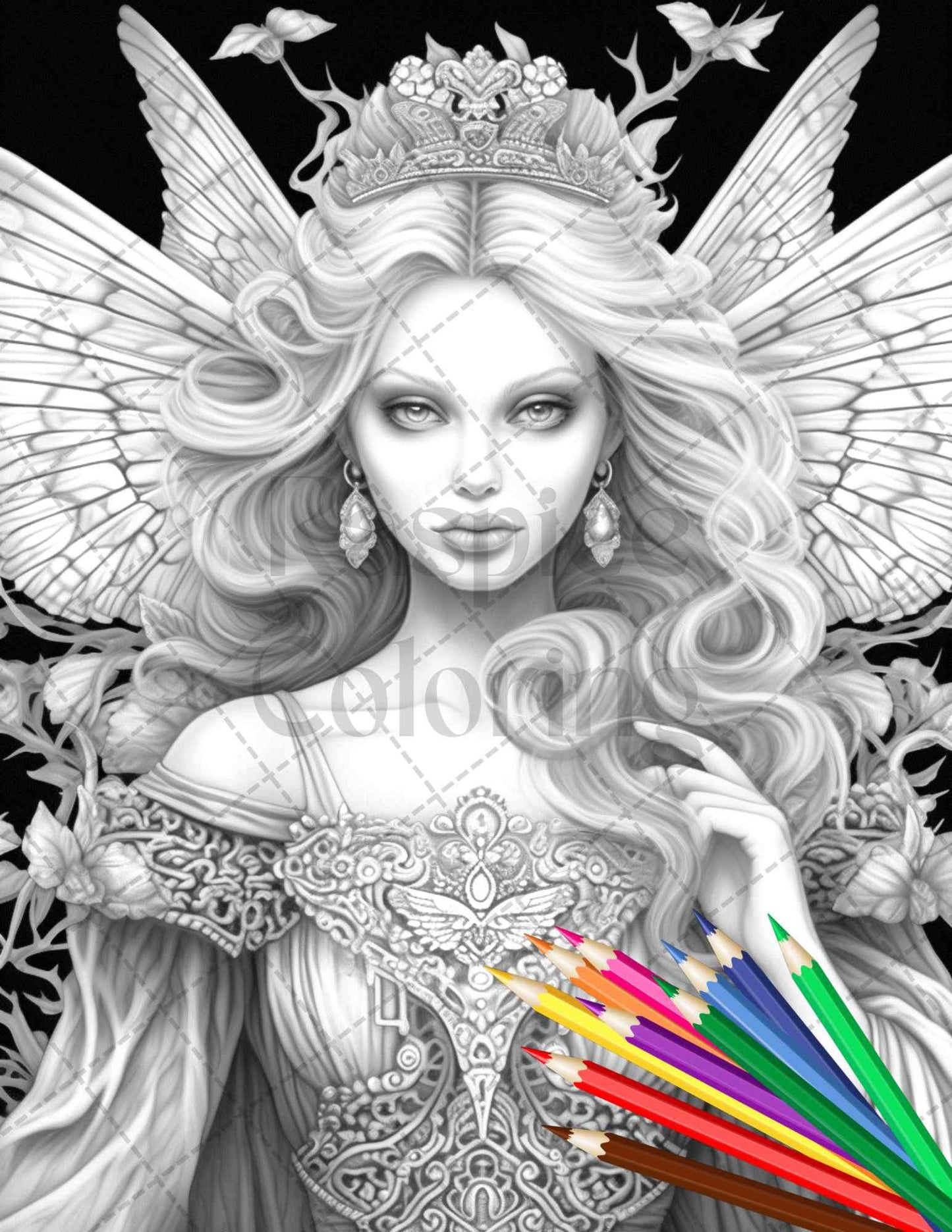 Beautiful Dark Fairy Grayscale Coloring Pages Printable for Adults, PDF File Instant Download