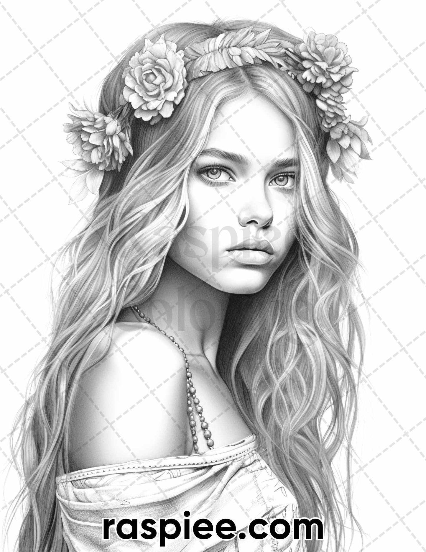 60 Bohemian Beauties Grayscale Coloring Pages for Adults, Printable PDF Instant Download