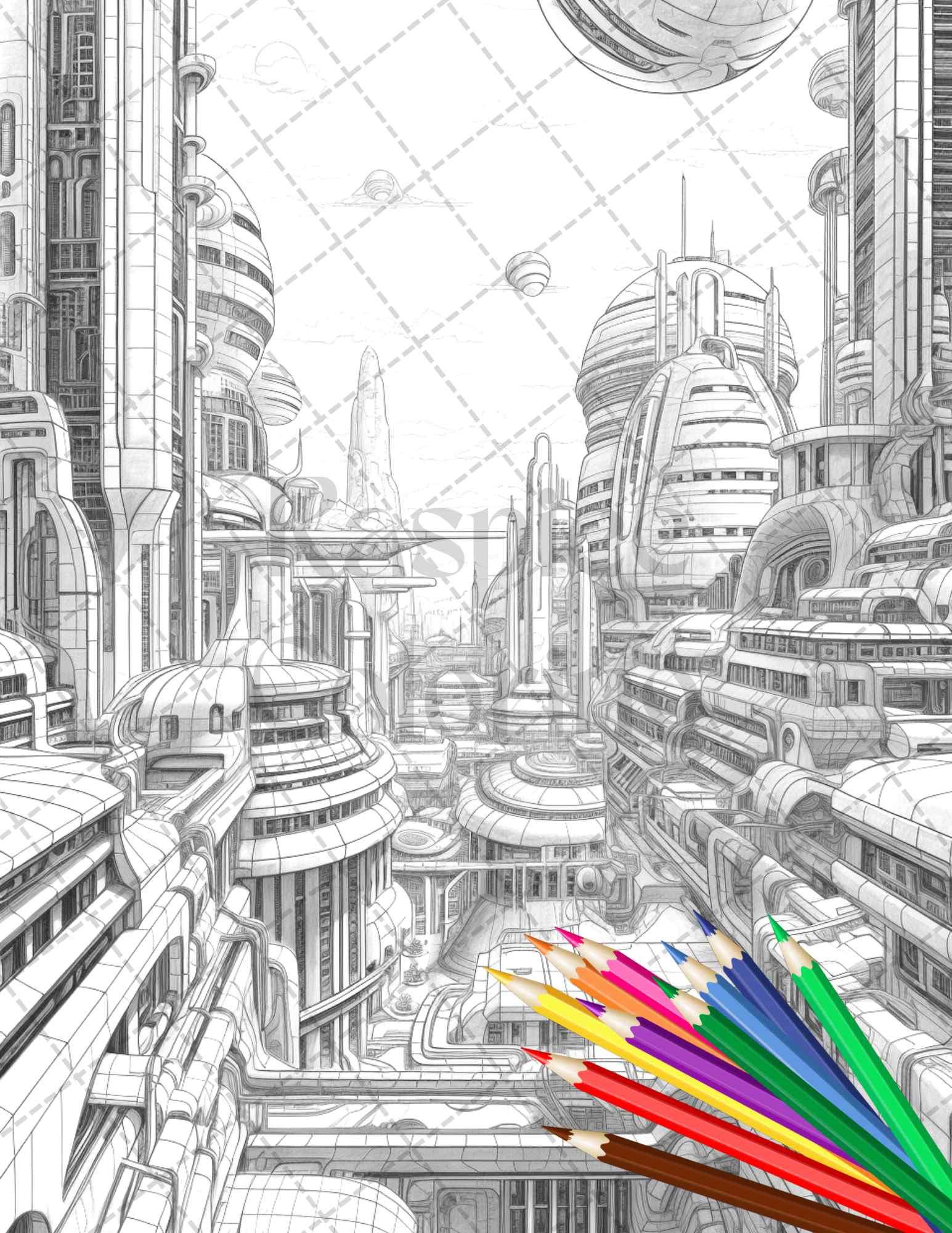 50 Futuristic Metropolis Grayscale Coloring Pages Printable for Adults, PDF File Instant Download