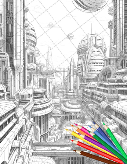 50 Futuristic Metropolis Grayscale Coloring Pages Printable for Adults, PDF File Instant Download